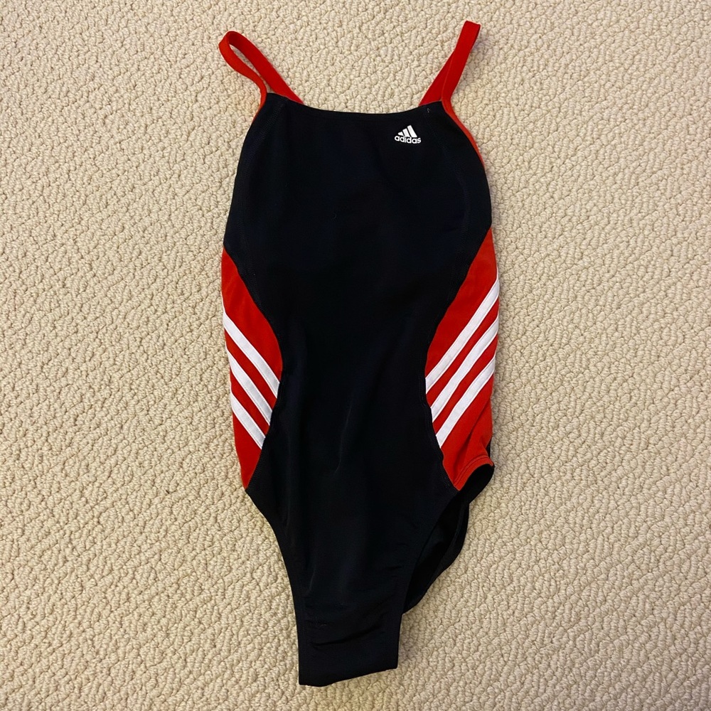 red black and white adidas onesie bathing suit